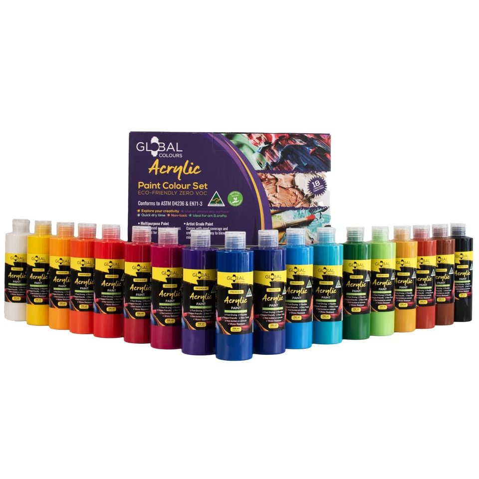 Juego de pintura acrílica Global Colours botellas de 18 x 250 ml no tóxicas hechas en Australia Foto 3 de 4