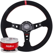 Suede Leather Deep Dish 93mm Drifting Racing Steering Wheel+Quick Release Red