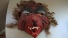 Latex Rubber Red Werewolf Face Head Halloween Mask Brown Hair