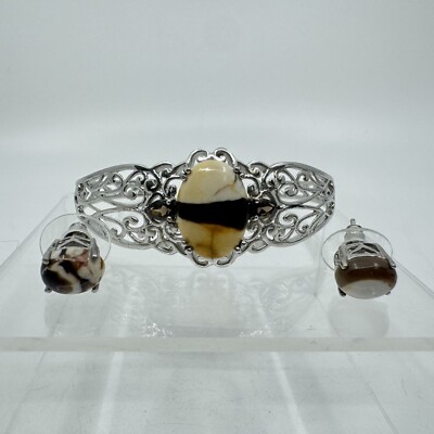 Sterling Cuff Bracelet Earrings Set Brown Cream Stone Topaz Filigree Karis