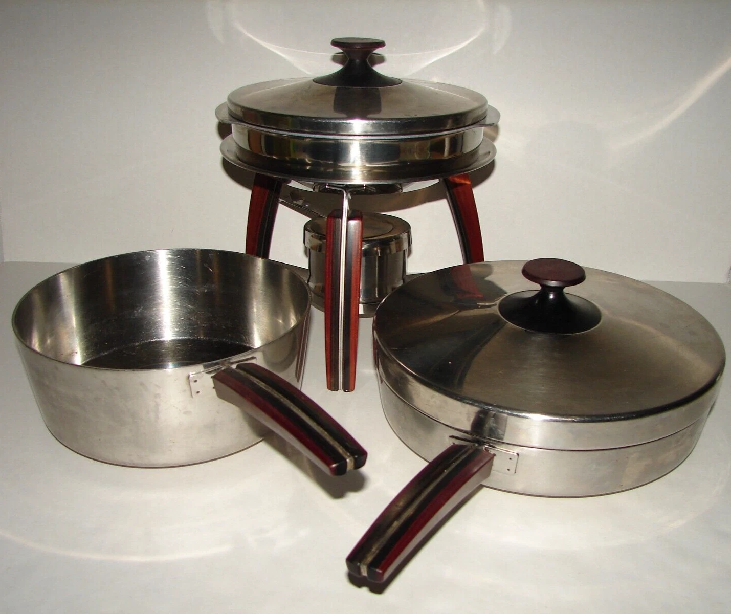 Vintage MCM Pans & Fondue Set Danish Modern Stainless Rosewood Handle