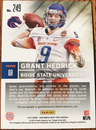 2015 Panini Contenders Draft Picks College Draft Ticket Blue Foil Grant Hedrick - Picture 2 of 2