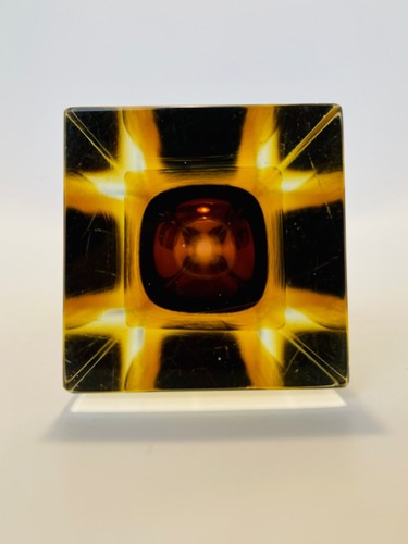 Vintage Oball Murano Sommerso Square Glass Vase Amber & Yellow 20cm - Picture 5 of 21