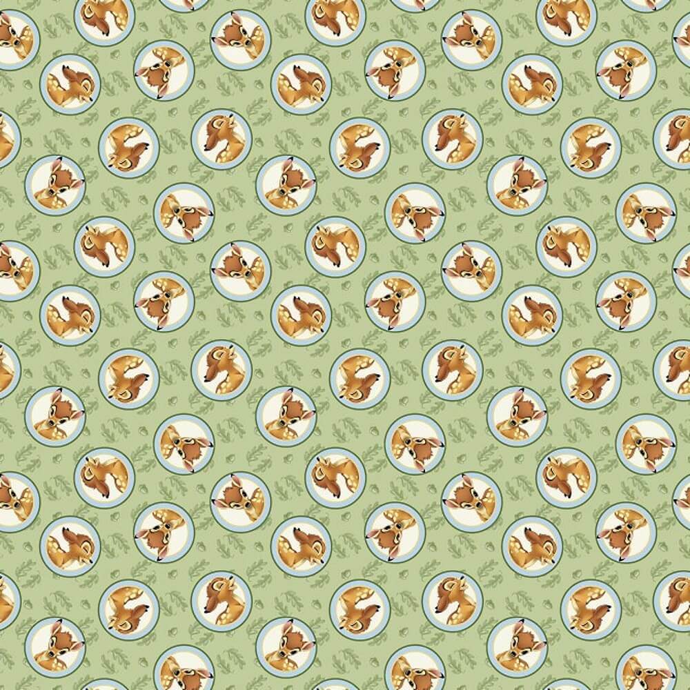 Fat Quarter Disney Bambi Framed On Green Oak Leaves 100% Cotton Quilting Fabric