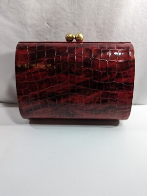 Isabelle Fiore Clutch Red Eel Skin Gold Latch Purse Hard Shell 