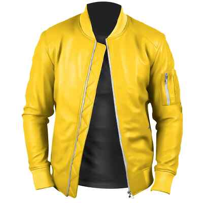 New Men's Yellow Genuine Lambskin Bomber Leather Jacket Causal Wear Coat Jacket
