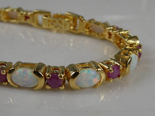 Stunning Silver 18ct gold Ruby & Opal Line Bracelet - Picture 11 of 11