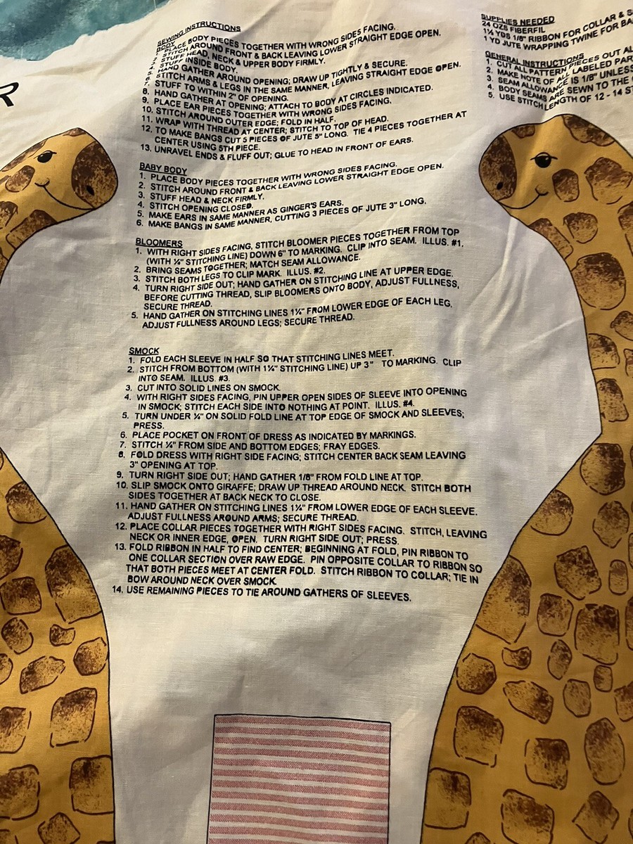 Ginger Giraffe Doll Simply Nantucket Fabric Panel Vintage Cut n