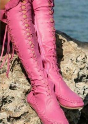 Women's Lace Up Over The Knee Boots Roman Shoes High Top Gladiator Moccasin Shoe