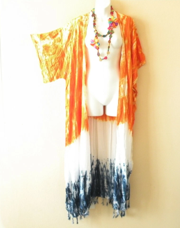 CG20 Tie Dye Kimono Cárdigan Plumero Kaftan Plus Maxi Chaqueta Cubrir - hasta 5X