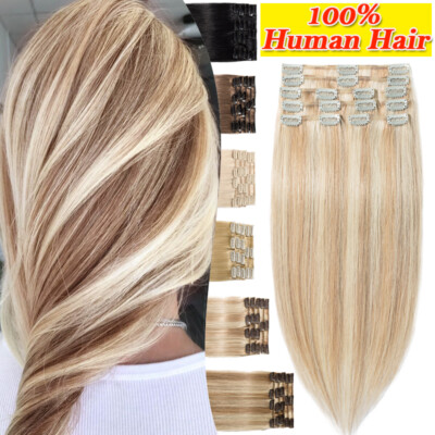 Clip In Human Hair Extensions 100% Adding Highlight Full Head Hair 8 Pieces US