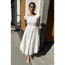 Oak + Fort Off Shoulder Crinkled Midi Tiered Dress Cream White Size Large NEW