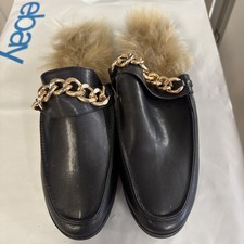 Women's Fashion Nova BLACK SLIP ON BLACK LEATHER BEEHIVE FURE DRESS SHOES SZ 10