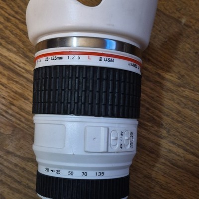 Caniam Ultrasonic Camera Lens Style Double Walled Travel Mug Twist Lid White