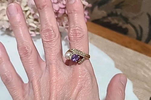 Estate 14k solid yellow Gold 6.8mm Pearl Amethyst Ring Vintage size 7.5 - Picture 16 of 16