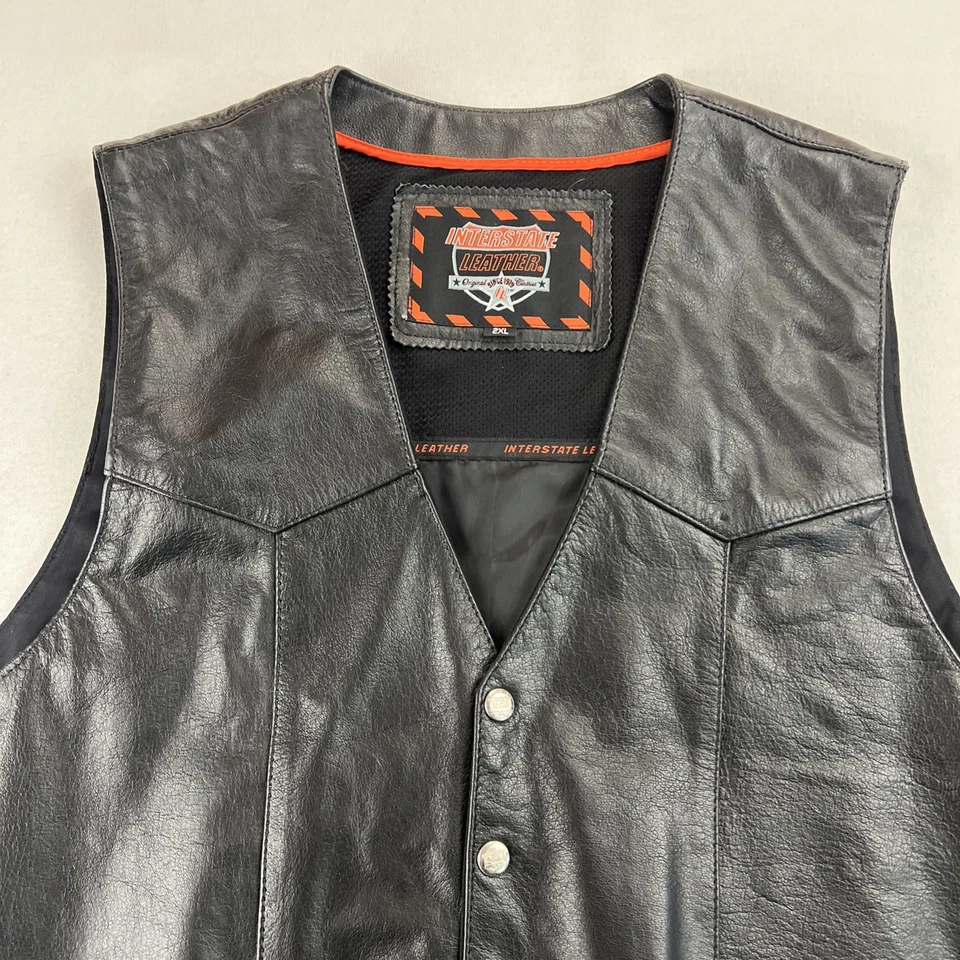 Interstate Leather Black Leather Snap Biker Vest Men’s XXL Motorcycle Style Moto - Image 3 of 4