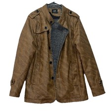 Faux leather jacket insulated brown mens size large euc e234