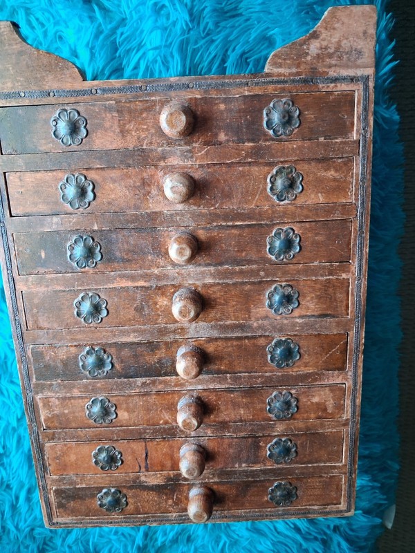 Antique Hindu Asian 8 Drawer Solid Wood Metal Jewelry Spice Organizer RARE
