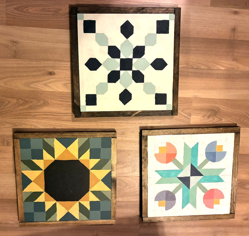 New Rustic Wood Barn Quilts - Art Hand Painted Set of 3 - 13.5 X 13.5 w/hangers
