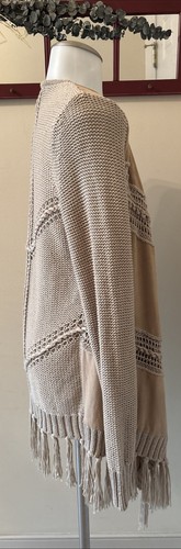 INC Faux Suede Tan Open Front Fringe Hem Knit Cardigan Womens M Western Boho - Picture 7 of 13
