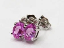 LADIES PAIR OF 14k WHITE GOLD EARRINGS w 2 LAB CREATED PINK SAPPHIRES & 2 RBC's*