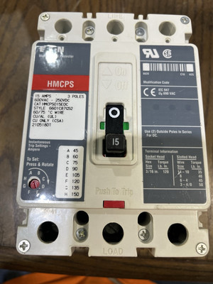 Cutler-Hammer  HMCPS015EOC 15 Amps 3 Pole 600 V Circuit Breaker