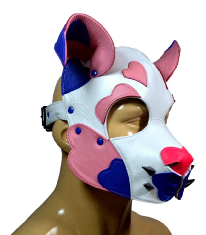 Máscara con capucha de cachorro de cuero rosa azul blanco hecha a mano | Capucha de juego de cachorro humano para cachorro Foto 2 de 4