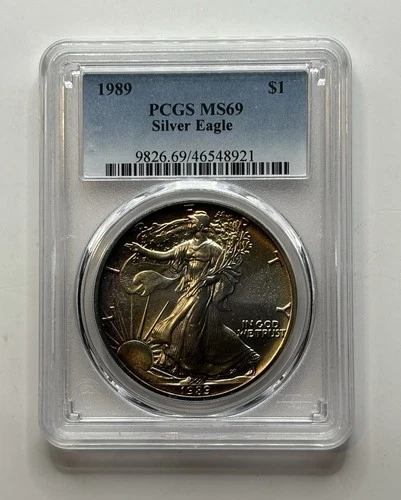 1989 Silver American Eagle MS69 PCGS Certified RARE BEAUTY RAINBOW-TONED