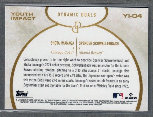 2025 Topps Dynamic Duals Shota Imanaga Spencer Schwellenbach Rookie Youth Impact - Photo 2 sur 2