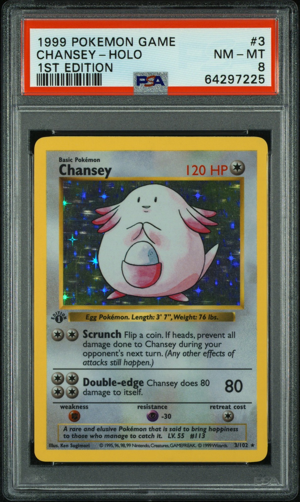 1999 POKEMON GAME 1ST ED #3 CHANSEY-HOLO PSA 8