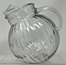 Vintage Lemonade Ribbed Clear Glass Tilted Ball Pitcher w/ Ice Lip