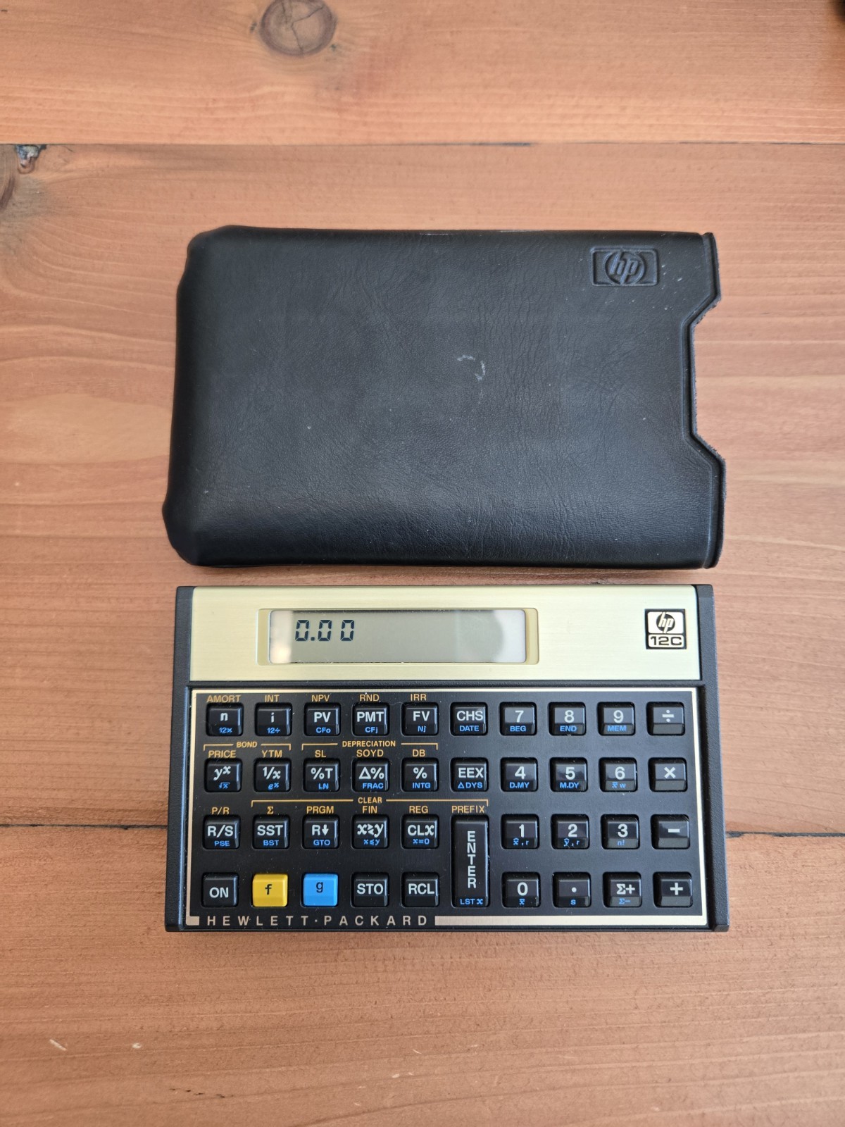 HP 12C Financial Calculator W/Sleeve Case Hewlett Packard Vintage Gold Tested