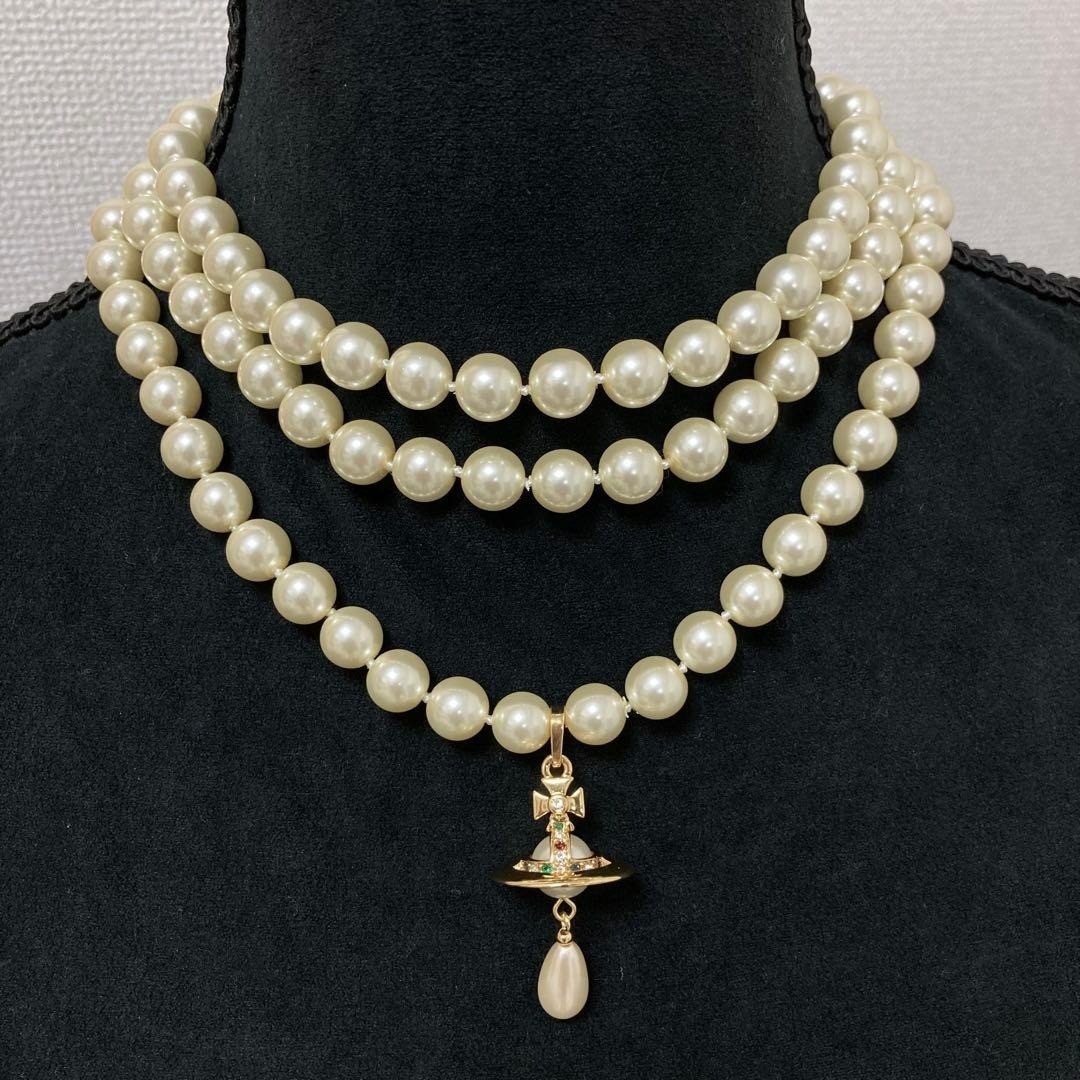 【3点SET】Vivienne Westwood Vivienne Westwood Necklace 3-strand Drop Pearl Gold w/Pouch NO BOX