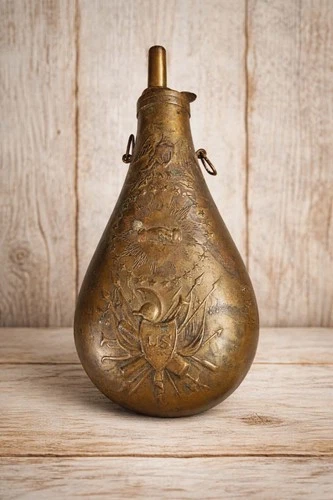 Antique Civil War Era U.S. Brass Powder Flask Shield & Cannons 1860s