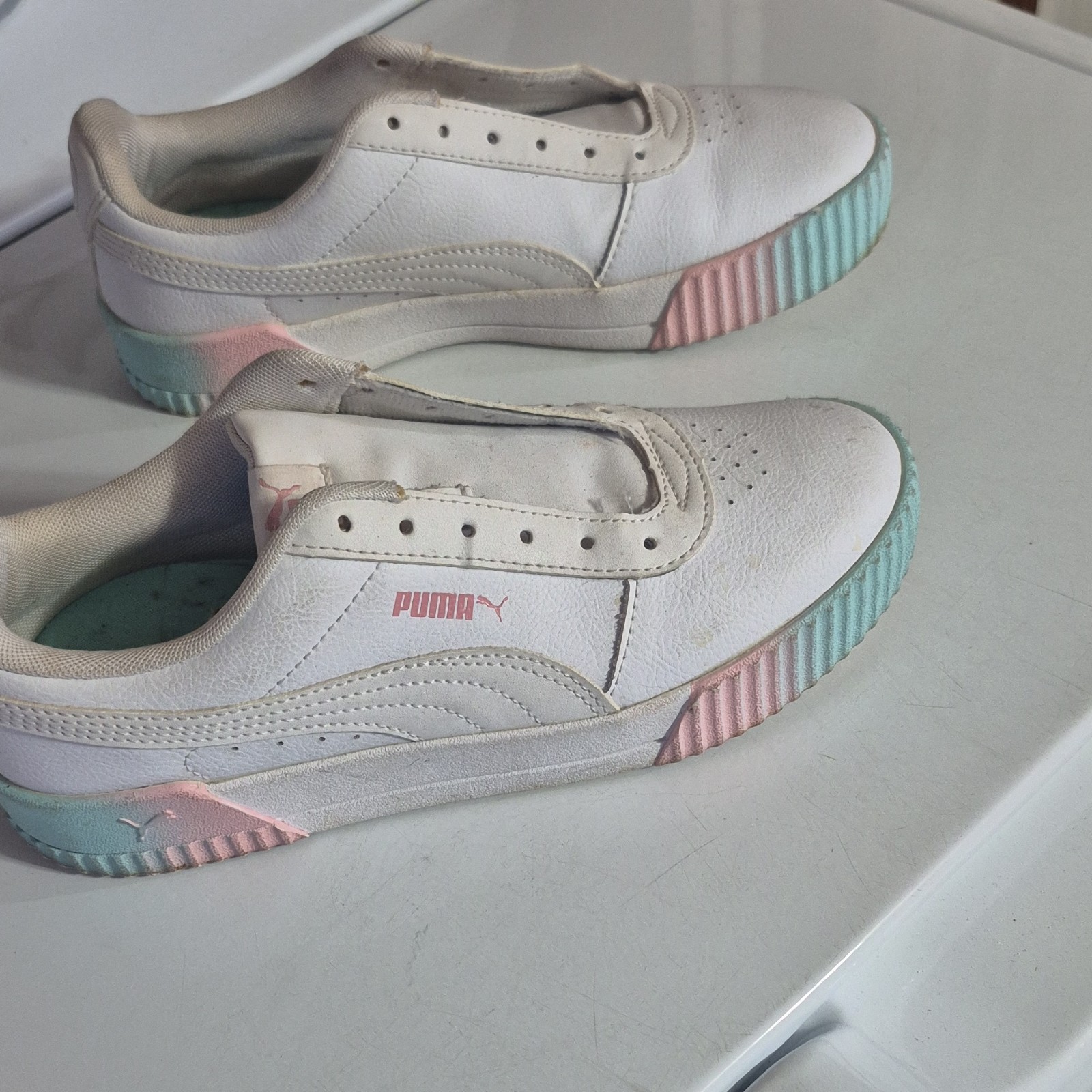 PUMA Carina SoftFoam+ Women's Sneakers White Pink Blue Faded Spray Paint thumbnail 2