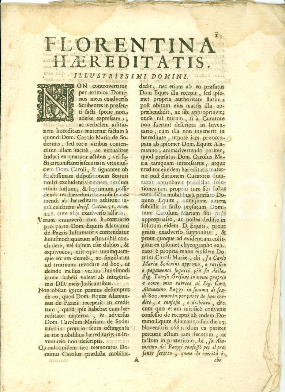 1694 FIRENZE Alamanno DE' PAZZI vs Carlo Maria SODERINI su eredità  materna