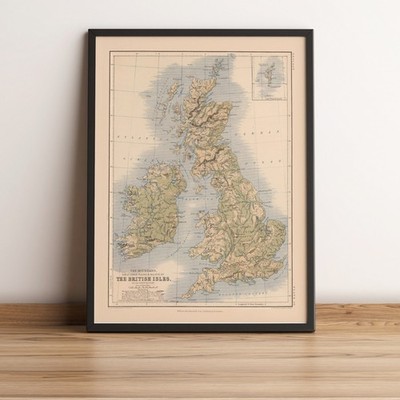 British Isles Physical Old Map - 1852 Vintage Reproduction - United Kingdom Map