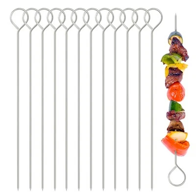12Pcs Bbq Skewers Stainless Steel Meat Needle Flat Shish Kebab Skewers Sticks