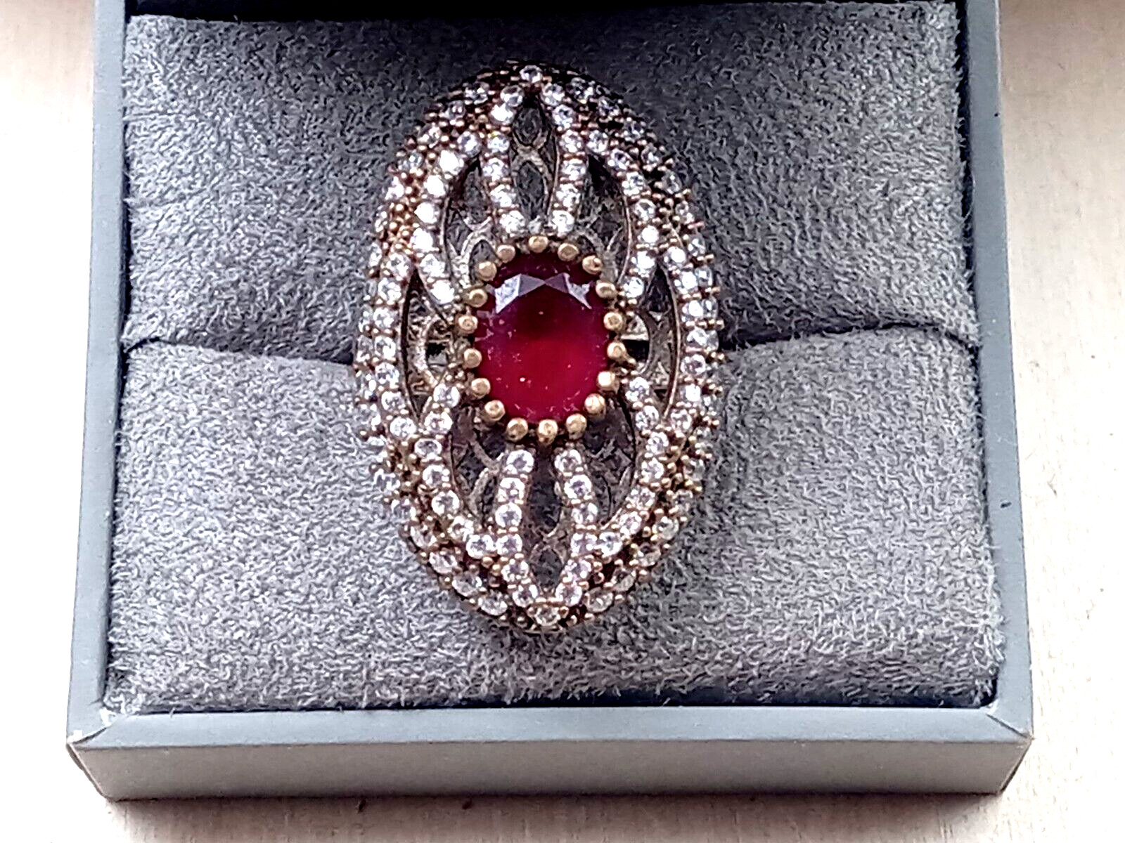 Statement Sterling Silver Ring w. Ruby & Clear Ge… - image 1