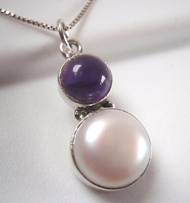Cultured Pearl and Amethyst Round 925 Sterling Silver Necklace