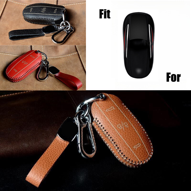 Genuine Leather Car Key Fob Case Cover With Keychain For Tesla Model X 2016-2020