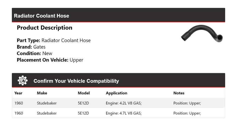 Manguera de refrigerante de radiador Studebaker 5E12D 1960 puertas superiores Foto 2 de 4