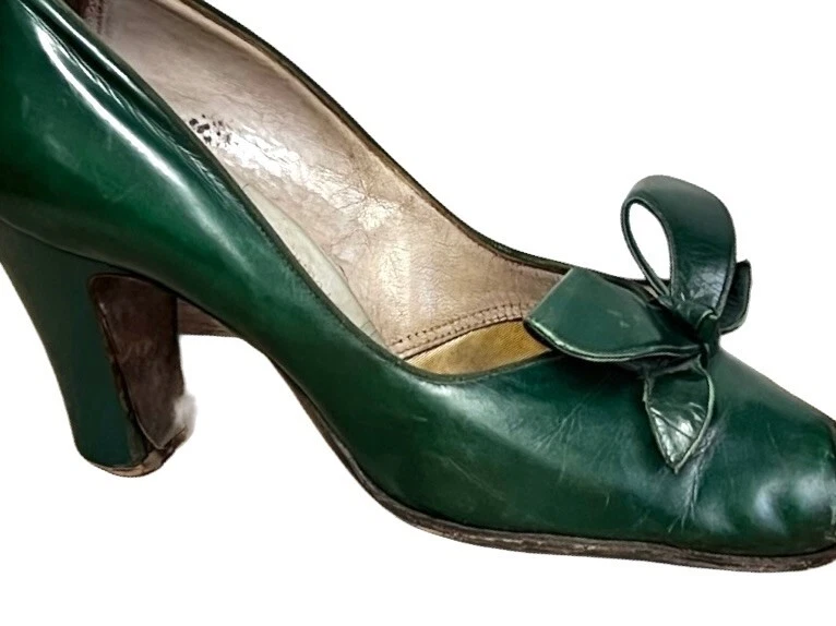 Tacones Tweedies Años 40 Cuero Verde Arco con Punta abierta talla 5?N + Camilla a Juego Foto 2 de 4