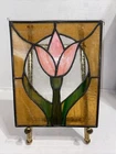 Vintage Tiffany Style Stained Glass Framed Window  Peach Tulip 10”