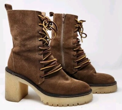 FREE PEOPLE Lace Up Boot DYLAN Platform Combat Brown Suede Crepe Heel 38 