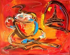 PARIS COFFEE  Modern Abstract BLUE CITY   Original Oil Painting  IMPRESSIONIST