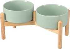 Ceramics Raised Dog Bowls with Wooden Stand for Small Medium Dog