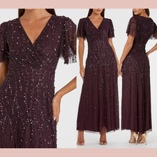 NWT $698 Mac Duggal [ 20 ] 35109 Embellished Flutter Sleeve Gown Aubergine J767