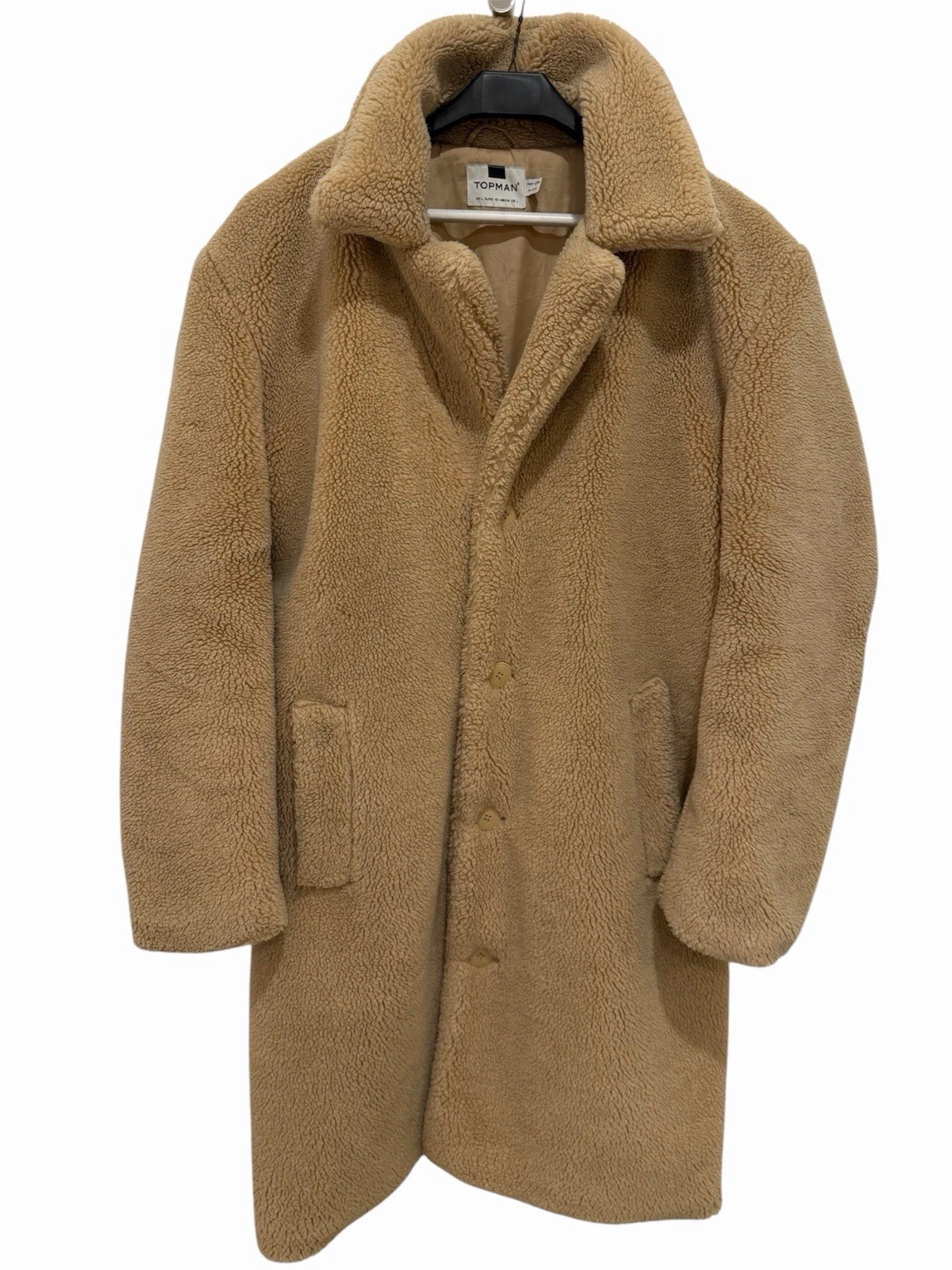 Topman Man’s Beige Borg Fleece Long Overcoat Button Front Pockets L Chest 40-42 - product detail image 3