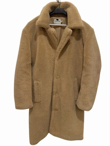 Topman Man’s Beige Borg Fleece Long Overcoat Button Front Pockets L Chest 40-42 image 3